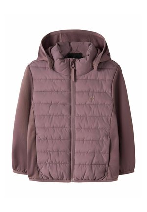 Veste matelassée violette avec capuche, fermeture éclair intégrale à l'avant et manches longues, conçue pour les enfants.