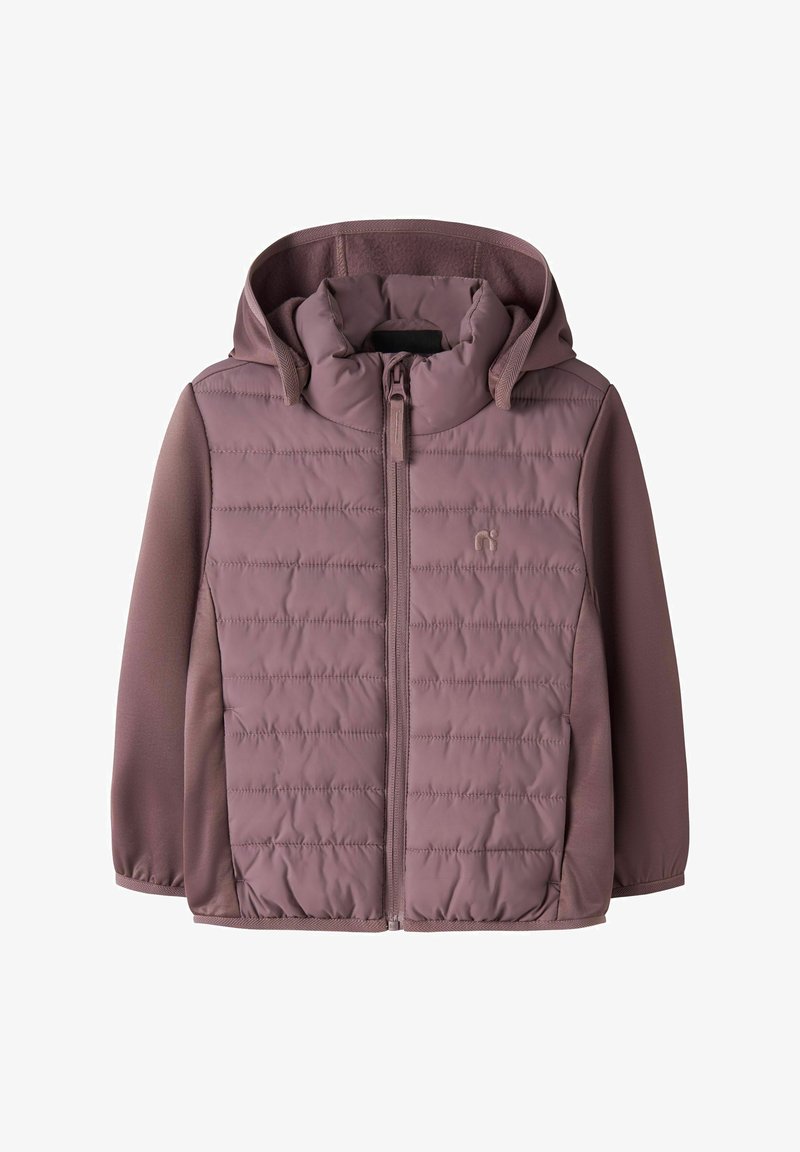 Veste matelassée violette avec capuche, fermeture éclair intégrale à l'avant et manches longues, conçue pour les enfants.