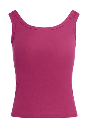Mouwloos geribbeld tanktopje in effen felroze met brede schouderbanden en een afgeronde halslijn.