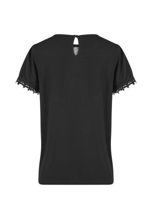Czarny top z krótkim rękawem z koronkową lamówką na rękawach, zapięciem z tyłu w formie łezki oraz miękką, gładką fakturą. Prosty, klasyczny design.