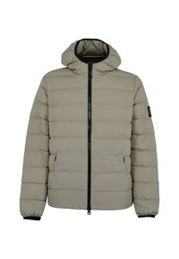 Giacca puffer beige con cappuccio, design a righe orizzontali, zip frontale, due tasche laterali e bordo nero a contrasto attorno ai polsini e al colletto.
