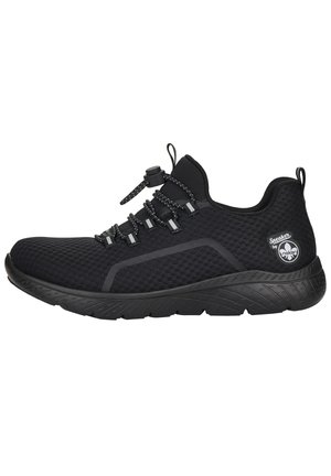 Black athletic shoe with a textured mesh upper, elastic laces, and a padded collar. Features a lightweight rubber sole with a patterned tread.