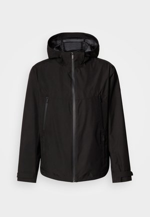 Černá lehká bunda s kapucí, zapínáním na zip, dvě postranní kapsy na zip a nastavitelnými pásky na zápěstí. Hladká textura, moderní design.