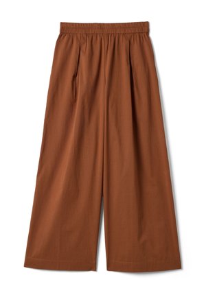 Pantaloni a gamba larga color ruggine con vita elasticizzata e pieghe frontali, realizzati in tessuto leggero.