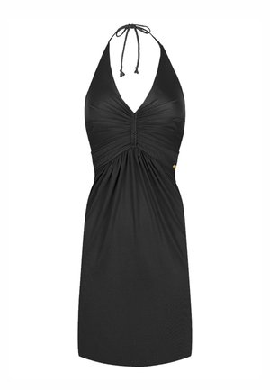 Robe noire à col halter avec corsage froncé et bretelles tressées, longueur genou avec un subtil accent doré sur le côté droit.