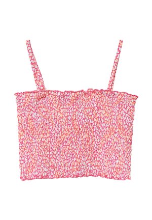 Smocked pink crop top with thin straps, featuring a textured pattern in shades of pink and coral against a white background.