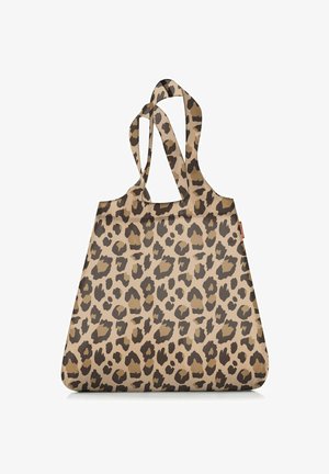 Leopard print tote bag in beige and brown, featuring wide straps and a spacious design, made from flexible, durable material.
