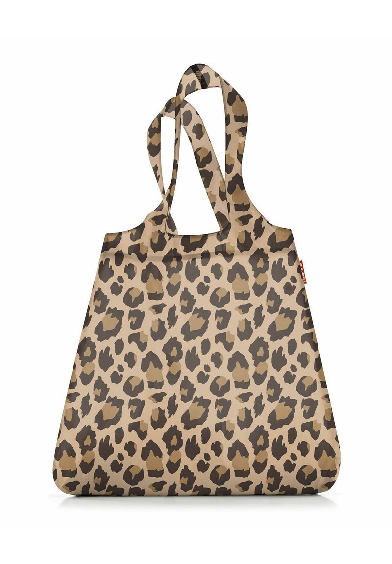 Leopard print tote bag in beige and brown, featuring wide straps and a spacious design, made from flexible, durable material.