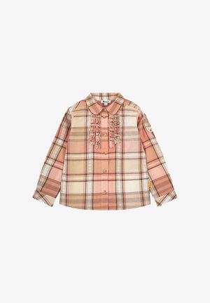 Camisa de manga larga con botones en cuadros rosa y beige, con frente texturizado con volantes, cuello redondeado y botones de madera.