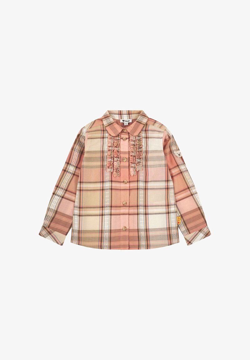 Chemise à manches longues à boutons, à carreaux roses et beiges, avec un devant texturé à volants, un col arrondi et des boutons en bois.