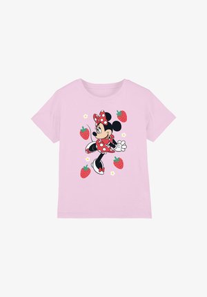 Light pink short-sleeve shirt with Minnie Mouse in a red polka-dot dress, surrounded by strawberries and small white flowers.