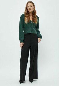 Cardigan verde a coste con scollatura a V, chiusura con bottoni e maniche lunghe a sbuffo, abbinato a pantaloni neri a vita alta e tacchi neri a punta.