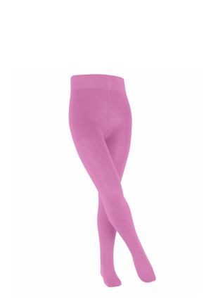 Collant rosa opachi realizzati in tessuto elasticizzato. Presentano una superficie liscia, un design senza cuciture e una vita comoda.