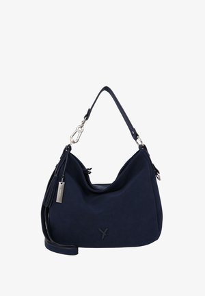 Marineblå hobo håndtaske med en enkelt rem, sølvhardware, franje detaljer og et diskret logo foran.