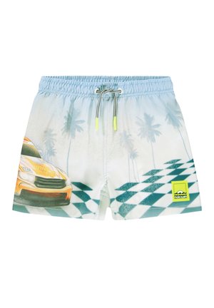 Shorts de bain pour enfants avec imprimé de voiture de course, drapeau à damiers et palmier, de couleur bleu clair et avec une taille élastique à cordon.