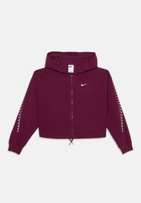 Sweatshirt marrom com fecho e capuz, apresentando um logótipo branco e linhas de destaque nas mangas. Feito de um tecido suave com um design cropped.