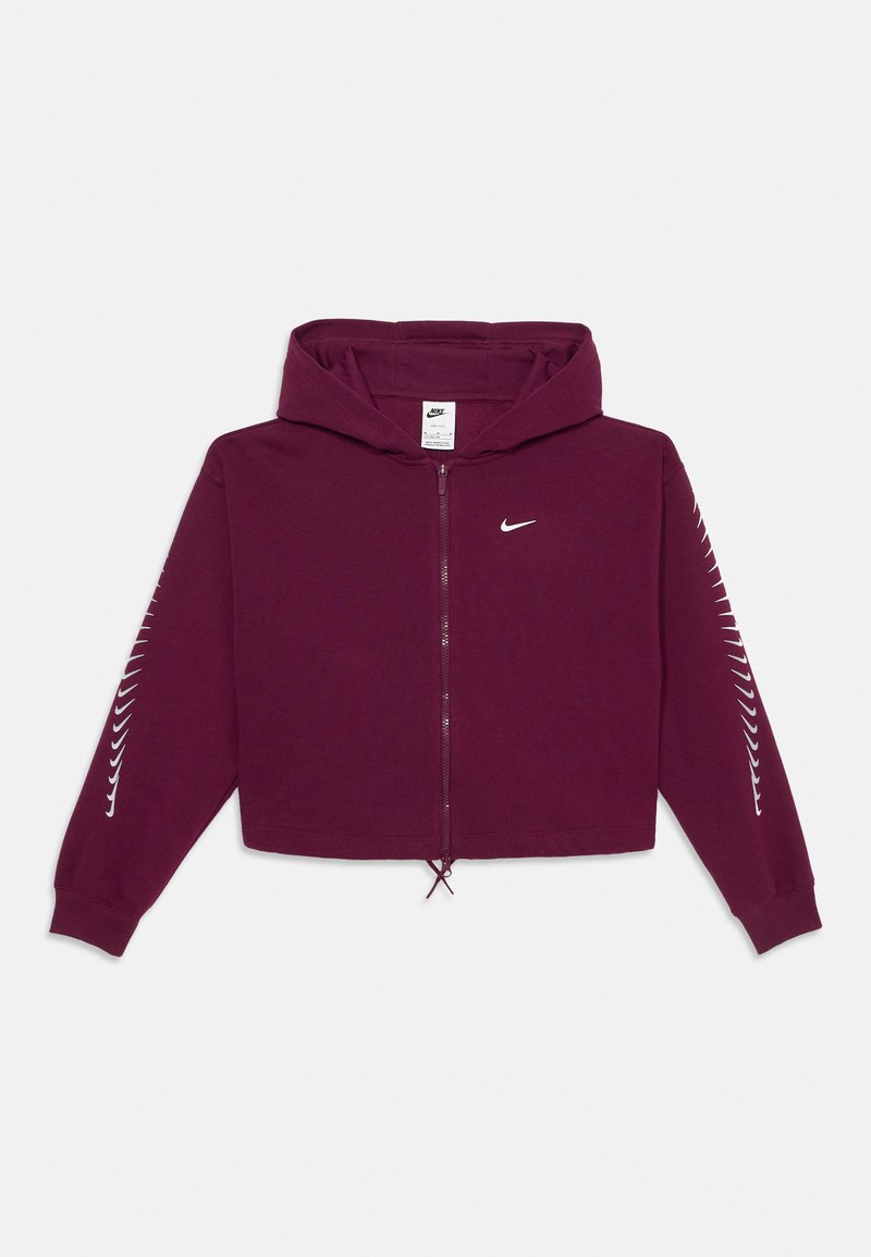 Sweatshirt marrom com fecho e capuz, apresentando um logótipo branco e linhas de destaque nas mangas. Feito de um tecido suave com um design cropped.