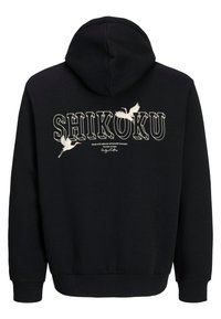 Sudadera negra con un estampado gráfico que incluye la palabra "SHIKOKU" y grúas. Los detalles del texto incluyen "Islas con casas de té y paisajes hermosos."
