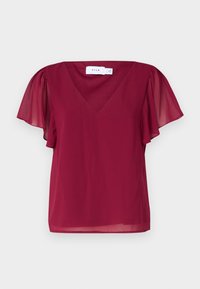 Burgundy short-sleeve blouse with a V-neckline, featuring sheer flutter sleeves and a smooth texture. Label displays "VILA."