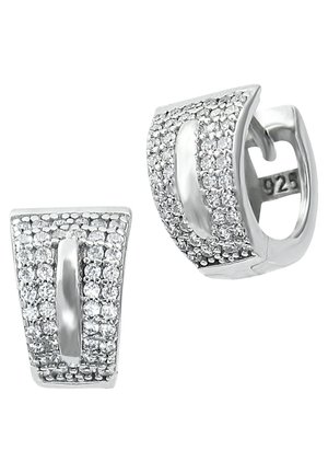 Silver hoop earrings feature a curved design with a row of small, sparkling clear stones and smooth polished accents. Marked 925 for sterling silver.