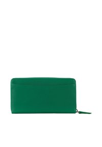 Green leather wallet with a smooth texture, rectangular shape, and zip closure. Features a simple front pocket and tassel detail.