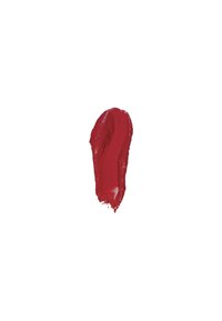 Roter Lippenstiftstrich mit einer glatten, glänzenden Textur, der einen tiefen, lebendigen Farbton und eine leicht gebogene, spitz zulaufende Form aufweist.