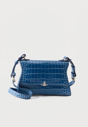 Blue crocodile-patterned leather shoulder bag with adjustable strap and silver-toned planetary orb logo clasp on front flap.