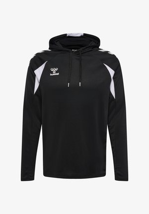 Sort-hvid Hummel sportshoodie med lange ærmer, snoretræk og logo på brystet, designet til atletisk brug.