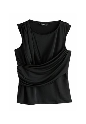 Top negru fără mâneci, realizat dintr-un material moale, având un design drapat cu accente pliate la umeri și o croială lejeră.