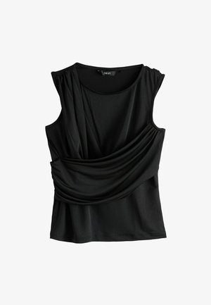 Top senza maniche nero realizzato in morbido tessuto, caratterizzato da un design drappeggiato con dettagli arricciati sulle spalle e una vestibilità rilassata.