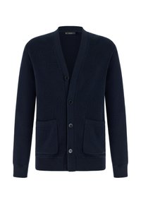 Cardigan blu navy lavorato a maglia con maniche lunghe, chiusura frontale con bottoni, due tasche frontali e polsini e orlo a coste.