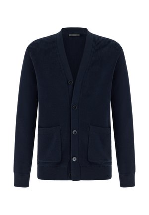 Marineblauwe gebreide cardigan met lange mouwen, knoopsluiting aan de voorkant, twee voorzakken en geribbelde boorden en zoom.