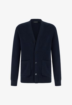 Cardigan blu navy lavorato a maglia con maniche lunghe, chiusura frontale con bottoni, due tasche frontali e polsini e orlo a coste.