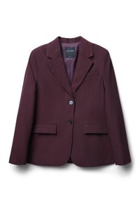 Burgunderfarbener Blazer mit vertikalen Streifen, Ein-Knopf-Verschluss, Reverskragen und zwei vorderen Taschen. Sichtbares gefüttertes Innenfutter. Größe S.