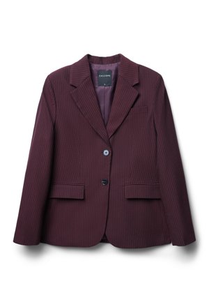 Blazer bourgogne avec des rayures verticales, fermeture à un bouton, revers cranté et deux poches avant. Doublure intérieure visible. Taille S.