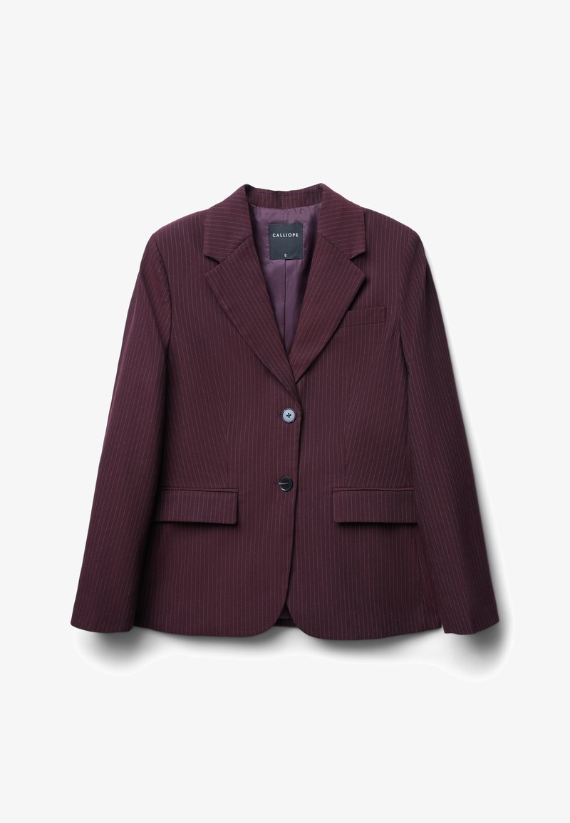 Blazer bordeaux con strisce verticali, chiusura a bottone singolo, rever a punta e due tasche frontali. Interno foderato visibile. Taglia S.