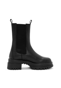 Black leather ankle boot with elastic side panels, pull tabs, chunky platform sole, and textured tread. Smooth finish with minimal detailing.