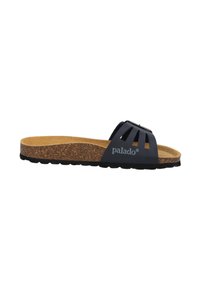 Navy slide sandal with cork footbed, textured rubber outsole, and slotted strap design. Features "palado" logo on the side.