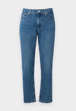 Jeans in denim blu con design a gamba dritta, cinque tasche, chiusura con bottone in metallo e un aspetto sbiadito. Presentano dettagli di cucitura sottili.