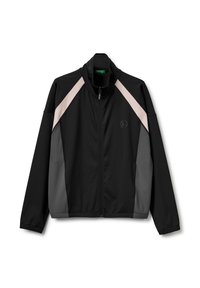Giacca sportiva nera con colletto alto, chiusura a zip e pannelli a contrasto in grigio e rosa chiaro sulle spalle e sui lati. Texture liscia.