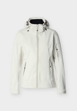 Giacca softshell bianca da donna con cappuccio, cerniera frontale, due tasche laterali con cerniera e una tasca con cerniera sulla manica sinistra, mostrata distesa su sfondo bianco.