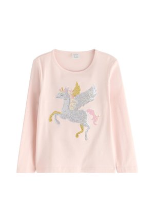 Maglietta a maniche lunghe rosa chiaro con un grafico di unicorno scintillante in tonalità argento, rosa e oro, con dettagli intricati e scollo rotondo.
