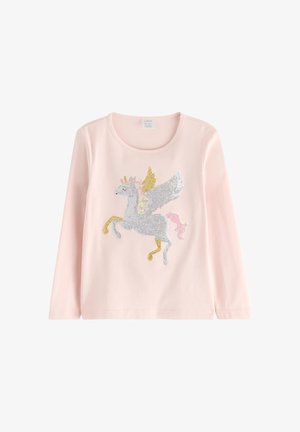Camisola de manga longa rosa clara com um gráfico de unicórnio brilhante em tons de prata, rosa e dourado, com pormenores intrincados e um decote redondo.
