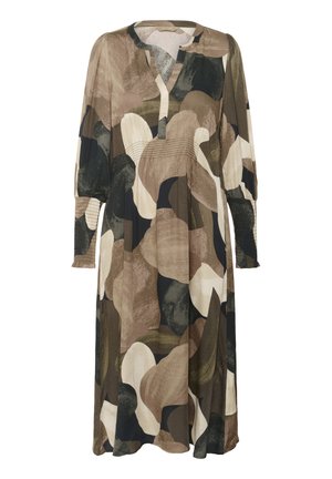 Abito lungo con un motivo astratto multicolore che presenta tonalità di verde, beige e nero. Decolletè a V, maniche lunghe a palloncino e dettagli arricciati.