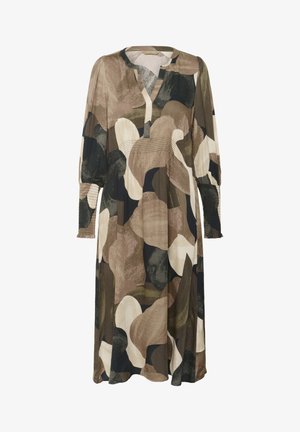 Maxi-jurk in een multicolore abstracte print met tinten groen, beige en zwart. V-hals, lange pofmouwen en gerimpelde details.