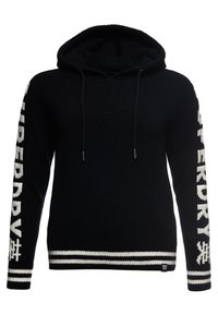 Felpa nera in tessuto a maglia con tasca frontale, cappuccio con cordino e marchio bianco sulle maniche e sull'orlo.