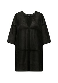 Blusa nera a maniche corte con profonda scollatura a V, realizzata in un tessuto morbido e testurizzato con un leggero luccichio e pannelli strutturati.