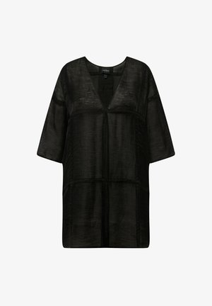 Black short-sleeved blouse with a deep V neckline, made of soft, textured fabric featuring subtle sheen and structured panels.