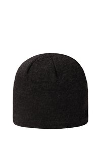 Black knit beanie hat with a seamless design. Made from soft, textured material, featuring a small logo on the side.