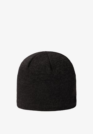 Berretto lavorato a maglia nero con un design senza cuciture. Realizzato in materiale morbido e testurizzato, presenta un piccolo logo sul lato.